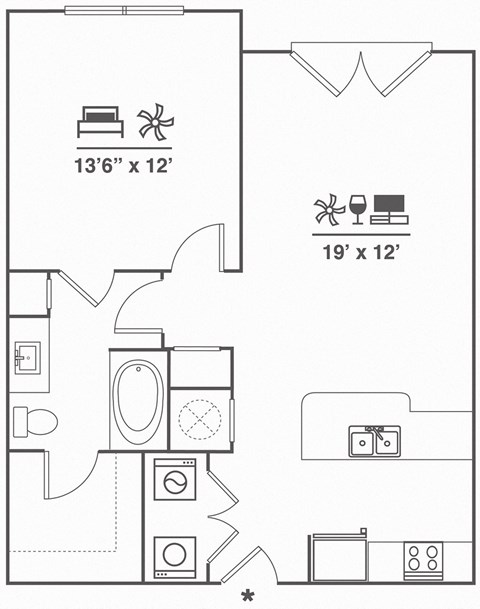 Floor plan for 1 bed, 1 bath, 752 sqft